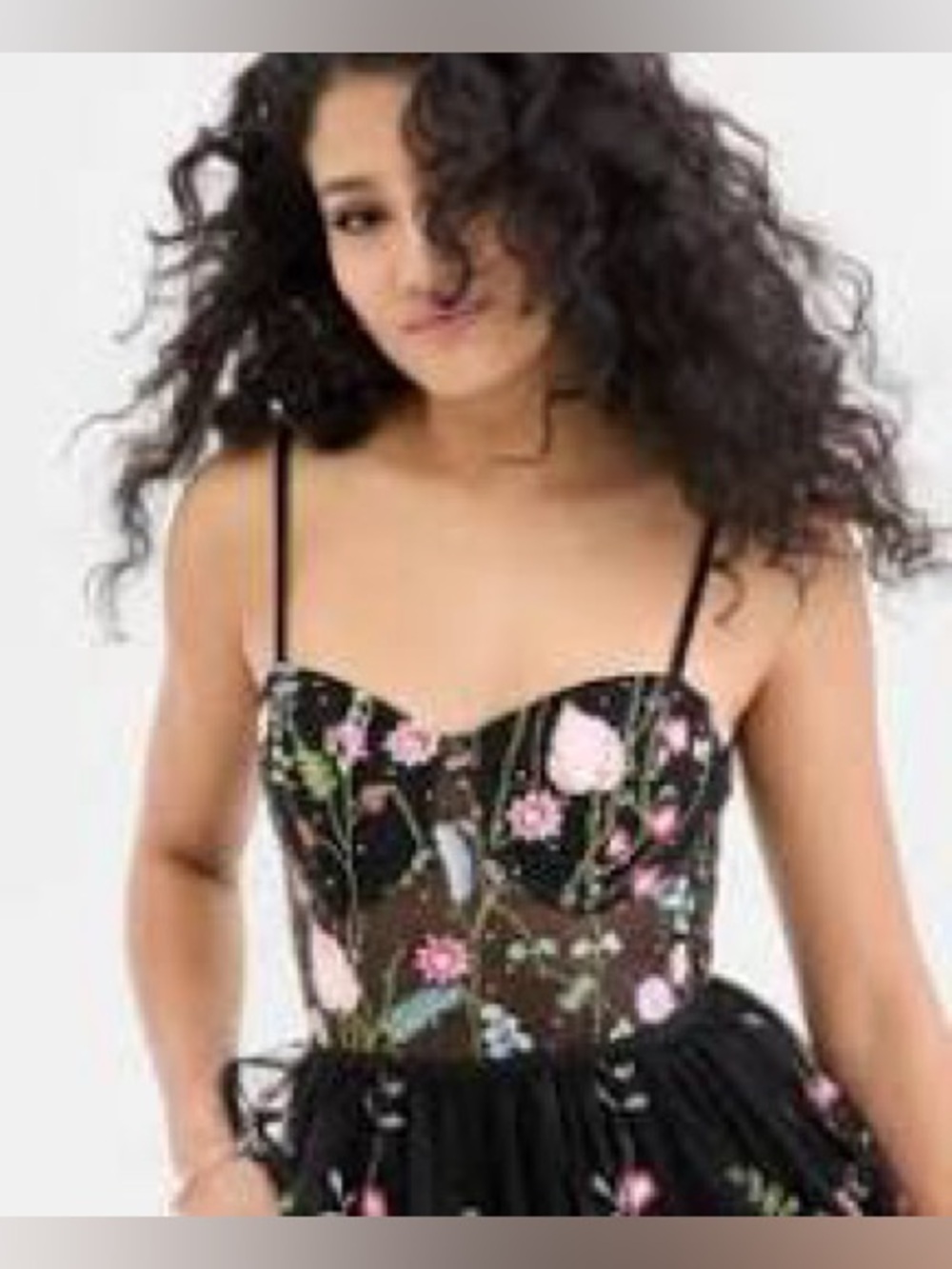Floral Embroidered Black Mesh Bustier Dress
